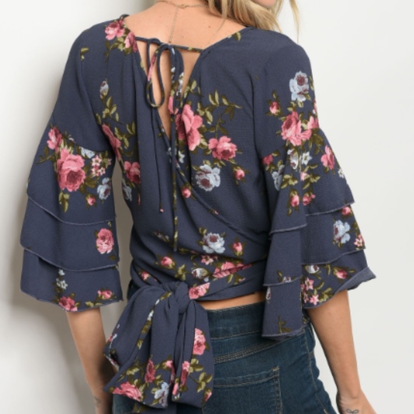 Blue Boho Floral Tie back Crop Top - Picture 2 of 2